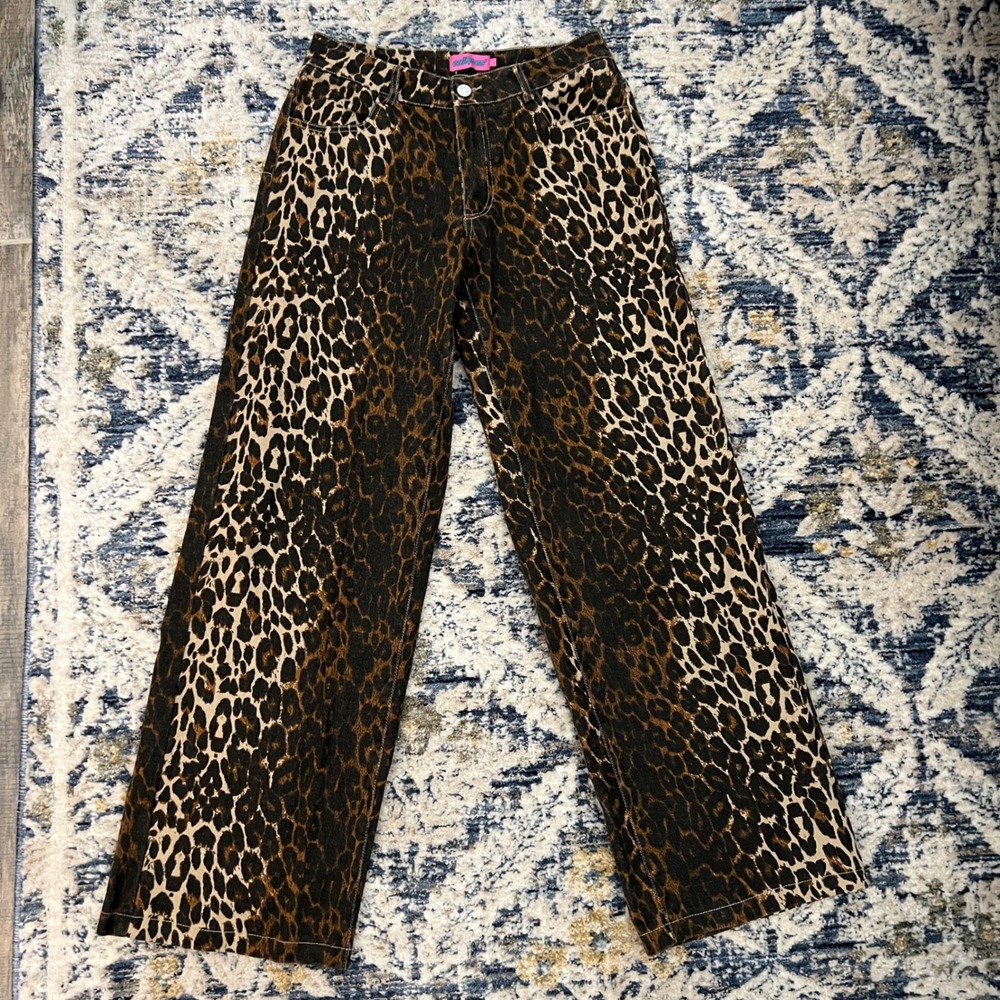 Edikted Leopard Print‎ Jeans Women Size S Brown Wide Leg Denim 5-Pocket